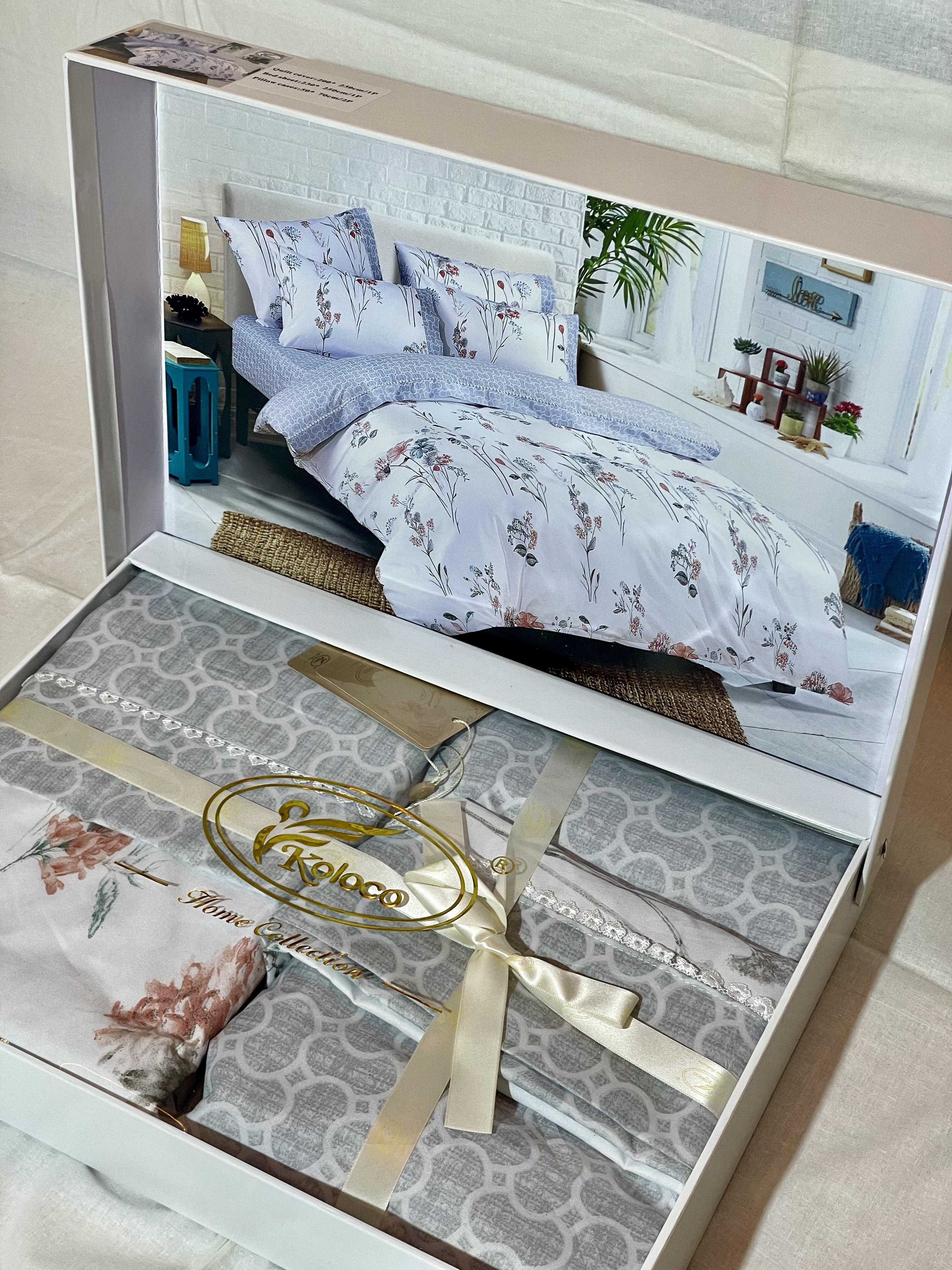 Подарунковий комплект постільної білизни Koloco "Квіткова Поляна" (Сатин, Євро розмір)