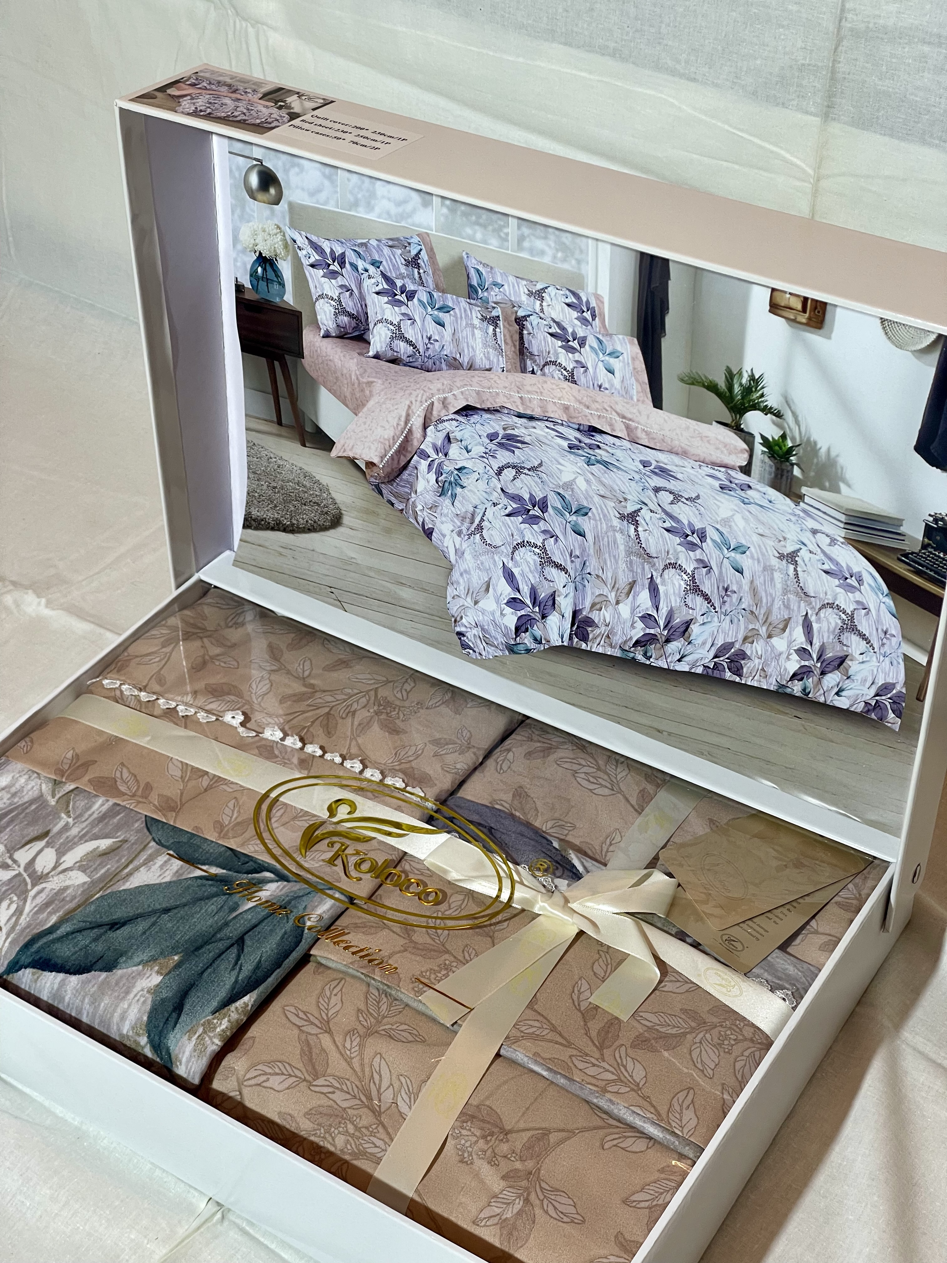 Подарунковий комплект постільної білизни Koloco "Фіолетова Осінь" (Сатин, Євро розмір)